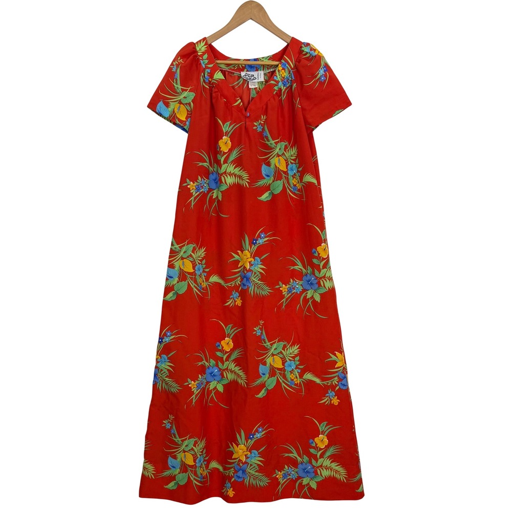 Vintage Hilo Hattie Hawaiian Maxi Dress Sz M Red Tropical Floral Aloha Beach 70s